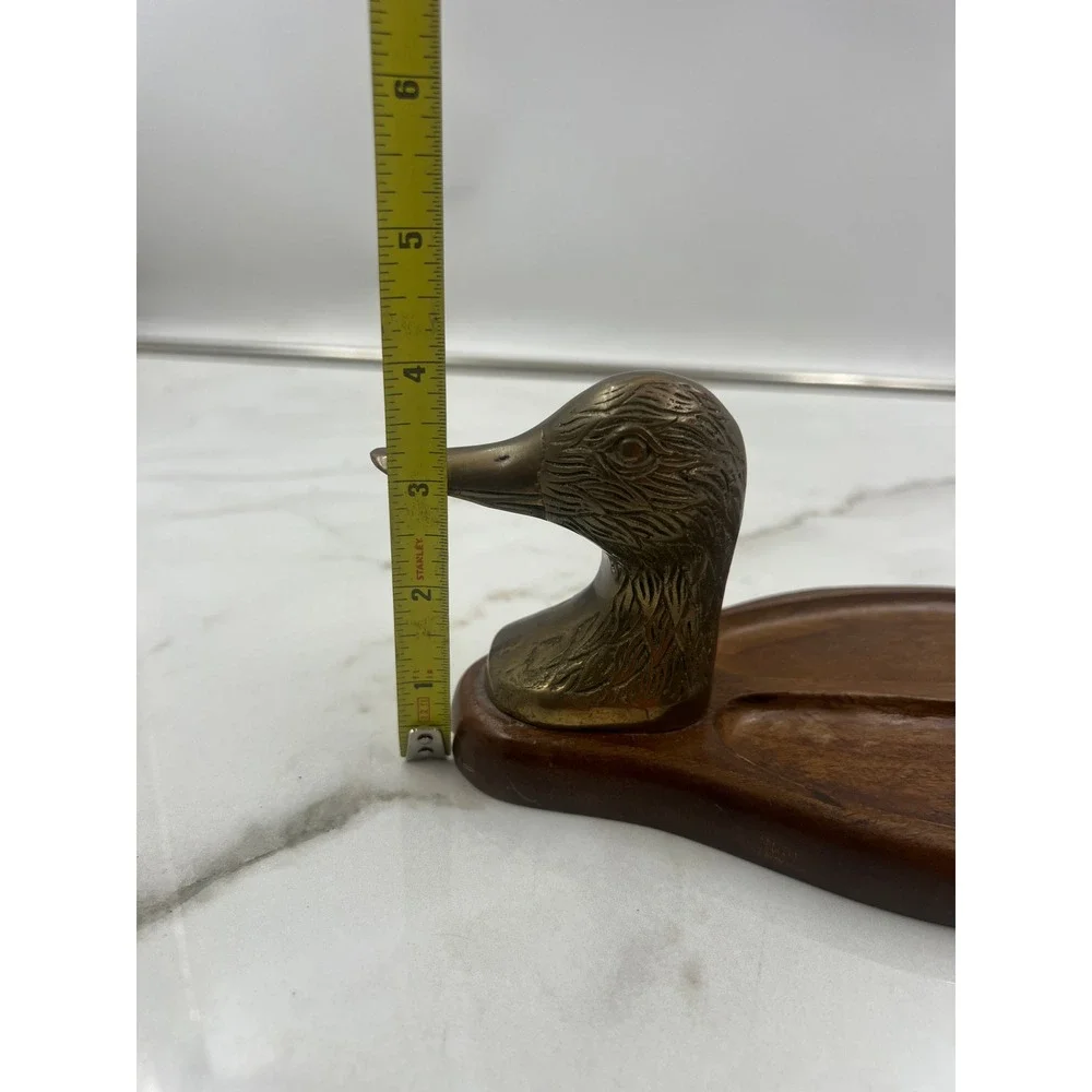 Vintage Brass Duck Head Wood Valet Tray Mallard Trinket Dish Catchall Organzier